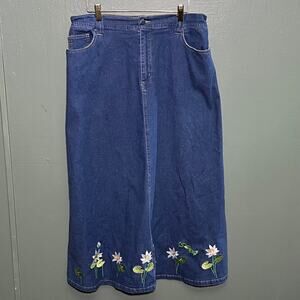 Quaker Factory Denim Maxi Skirt Embroidered Lotus Flowers Size Large
